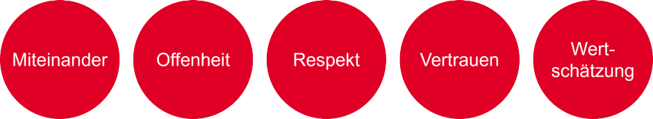 Werte: Miteinander, Offenheit, Respekt, Vertrauen, Wertsch&auml;tzung